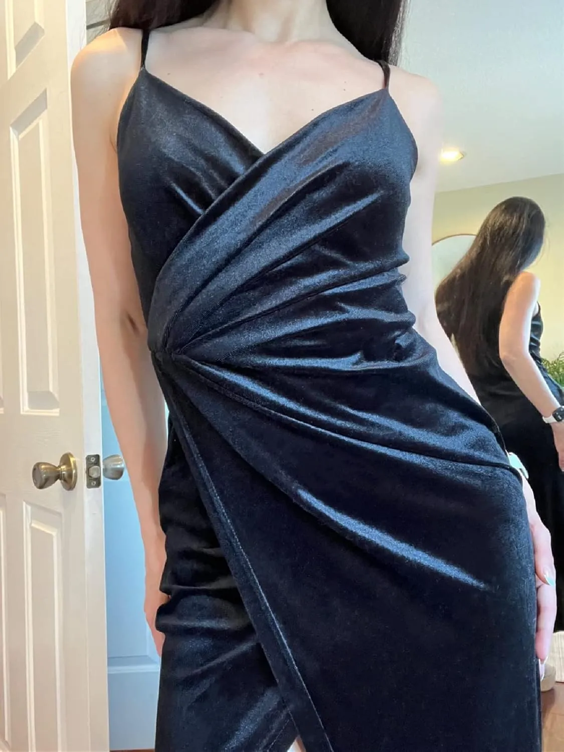 Missufe Women's Sleeveless Spaghetti Strap Wrap V Neck Bodycon Ruched Slit Midi Party Cocktail Velvet Dress