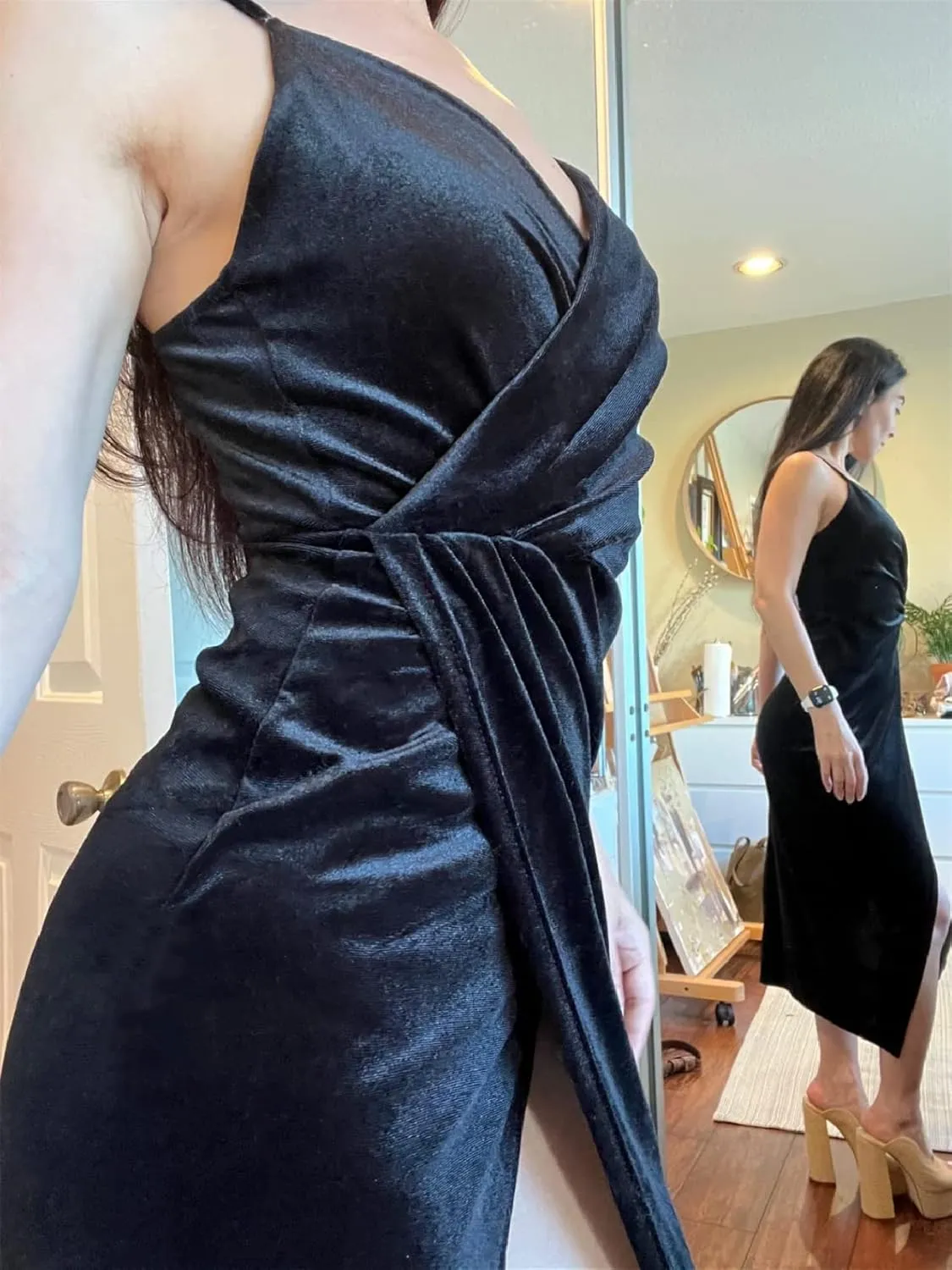 Missufe Women's Sleeveless Spaghetti Strap Wrap V Neck Bodycon Ruched Slit Midi Party Cocktail Velvet Dress