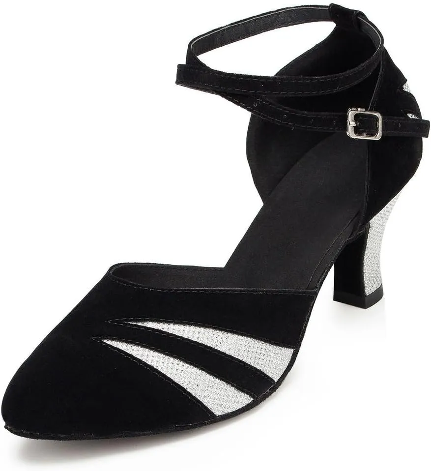 Misu Women's Closed Toe Suede Sole Latin Salsa Tango Practice Ballroom Dance Shoes with 2.7" Heel,Black Nubuck and Silver Glitter,9.5 B(M) US