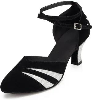 Misu Women's Closed Toe Suede Sole Latin Salsa Tango Practice Ballroom Dance Shoes with 2.7" Heel,Black Nubuck and Silver Glitter,9.5 B(M) US