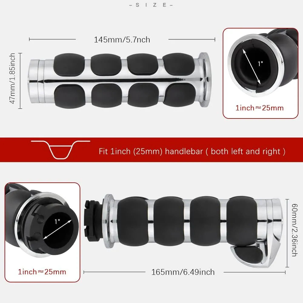 Motorcycle Hand Grips 1 Inch Handlebar Throttle Grips 25MM Chrome Black Aluminum Rubber Compatible with Harley Davidson Dyna Sportster Road King Street Glide Fat Boy Honda Shadow VTX