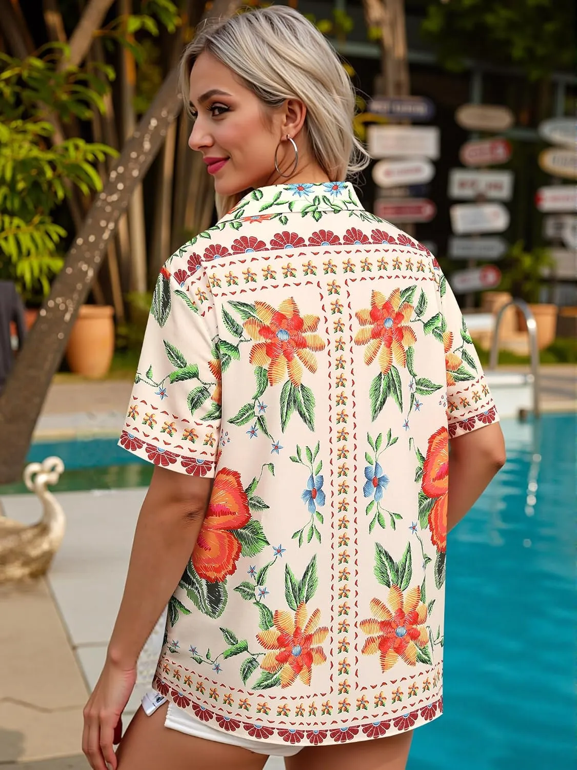 MYMORE ❷⓿❷❺ Womens Hawaiian Shirt Luau Party Tropical Vacation Button Down Shirts Short Sleeve Beach Hawaii Floral Print Top