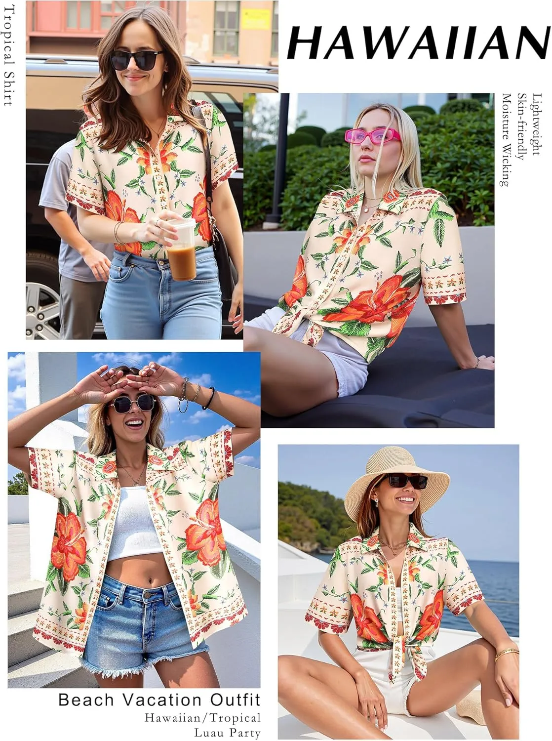 MYMORE ❷⓿❷❺ Womens Hawaiian Shirt Luau Party Tropical Vacation Button Down Shirts Short Sleeve Beach Hawaii Floral Print Top