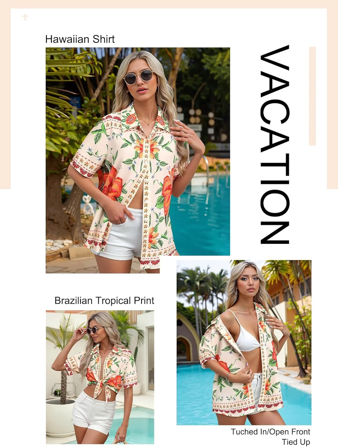 MYMORE ❷⓿❷❺ Womens Hawaiian Shirt Luau Party Tropical Vacation Button Down Shirts Short Sleeve Beach Hawaii Floral Print Top