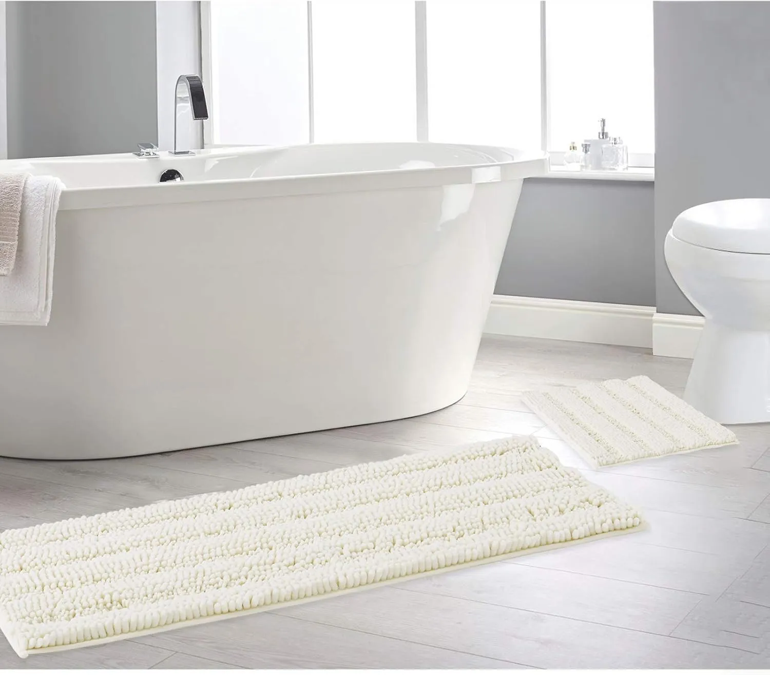 NICETOWN Super Thick Soft Striped Shaggy Chenille Bath Mats Machine Washable Bath Rugs for Bathroom, Dry Fast Water Absorbent Mats for Floor Master Bedroom Kitchen (Cream, Pack 2-20" x 32"/70" x 24")