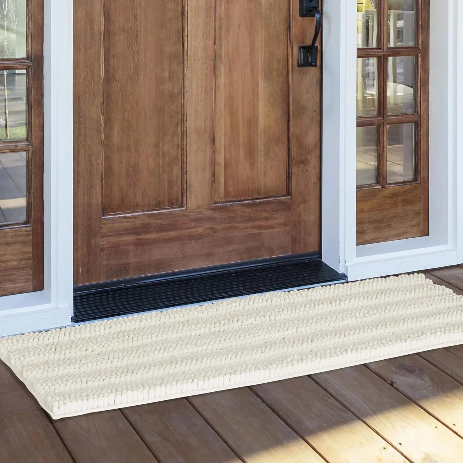 NICETOWN Super Thick Soft Striped Shaggy Chenille Bath Mats Machine Washable Bath Rugs for Bathroom, Dry Fast Water Absorbent Mats for Floor Master Bedroom Kitchen (Cream, Pack 2-20" x 32"/70" x 24")