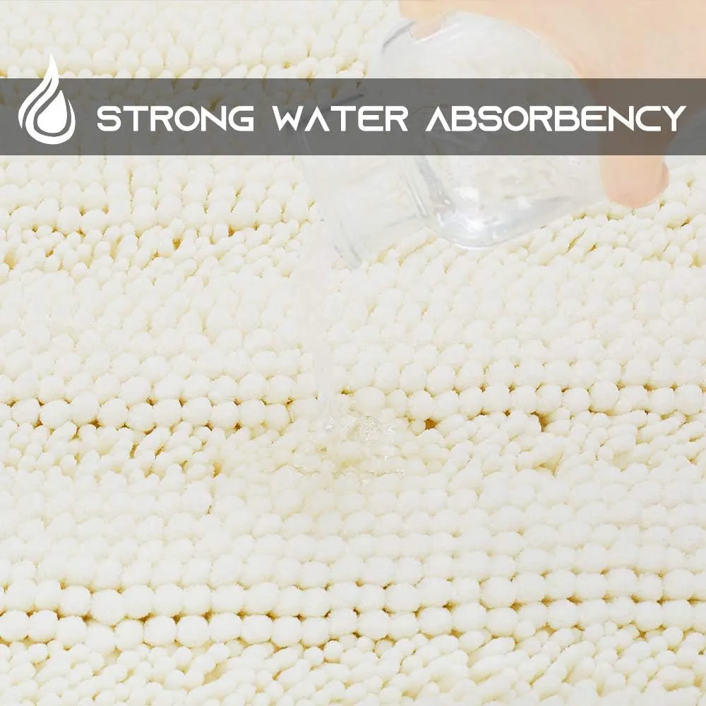 NICETOWN Super Thick Soft Striped Shaggy Chenille Bath Mats Machine Washable Bath Rugs for Bathroom, Dry Fast Water Absorbent Mats for Floor Master Bedroom Kitchen (Cream, Pack 2-20" x 32"/70" x 24")