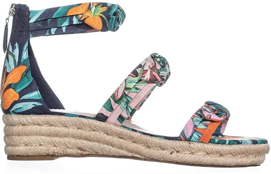 NINE WEST Women's Allegro Wedge Sandal, Navy Multi Fabric, 6