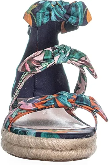 NINE WEST Women's Allegro Wedge Sandal, Navy Multi Fabric, 6