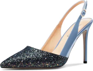 NobleOnly Womens Stiletto High Heel Pointed Toe Slingback Pumps Glitter Patchwork Prom Sexy Dress Shoes 3.9 Inches Heels