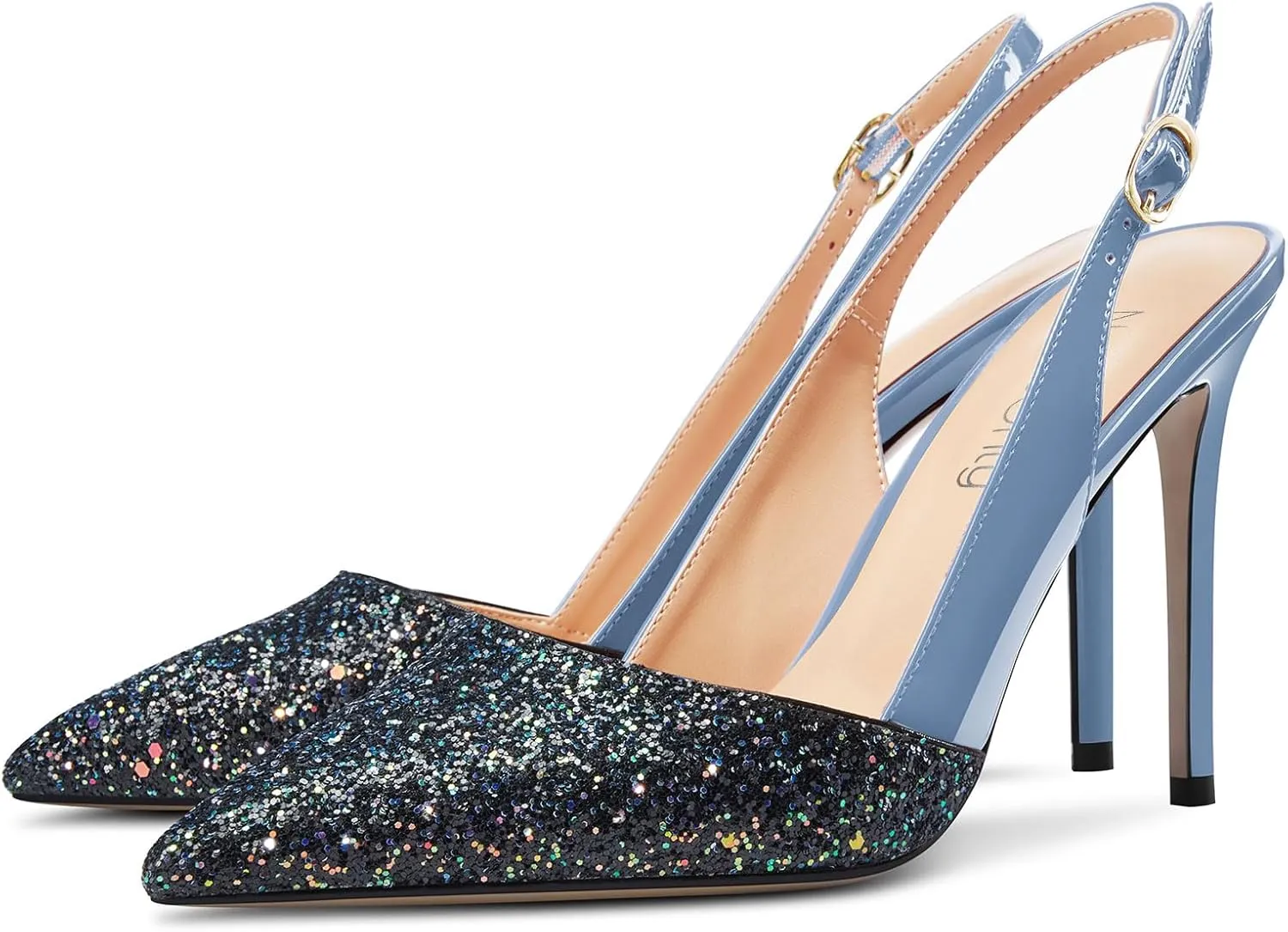 NobleOnly Womens Stiletto High Heel Pointed Toe Slingback Pumps Glitter Patchwork Prom Sexy Dress Shoes 3.9 Inches Heels