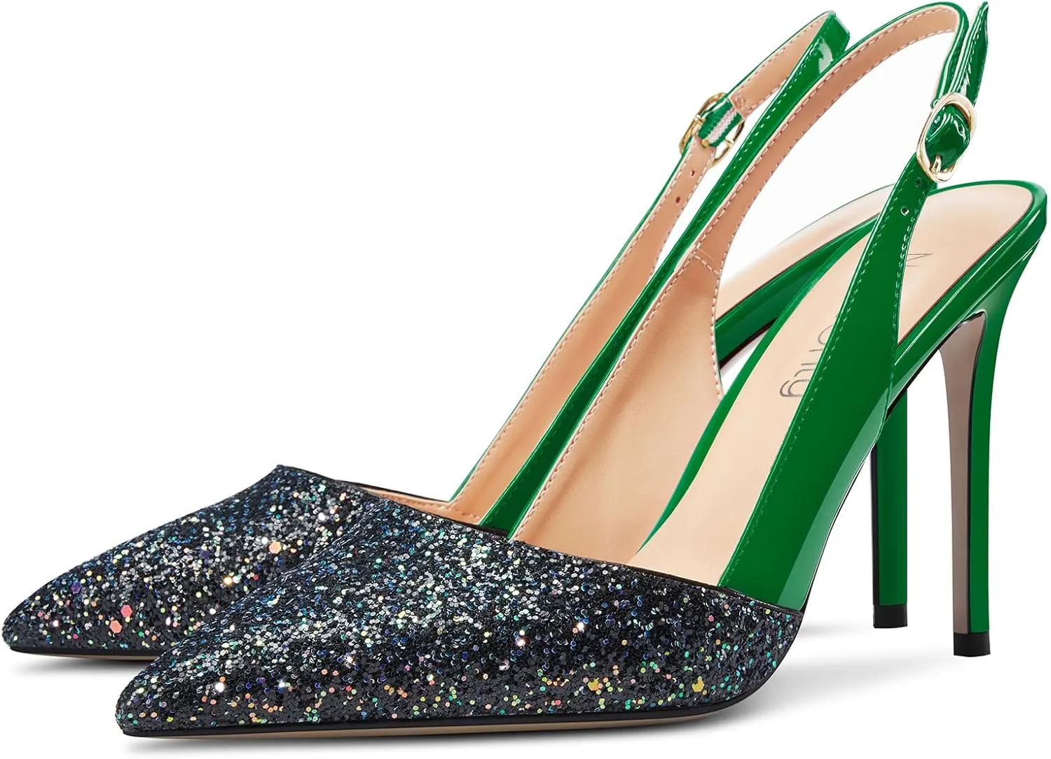 NobleOnly Womens Stiletto High Heel Pointed Toe Slingback Pumps Glitter Patchwork Prom Sexy Dress Shoes 3.9 Inches Heels