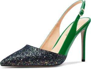 NobleOnly Womens Stiletto High Heel Pointed Toe Slingback Pumps Glitter Patchwork Prom Sexy Dress Shoes 3.9 Inches Heels