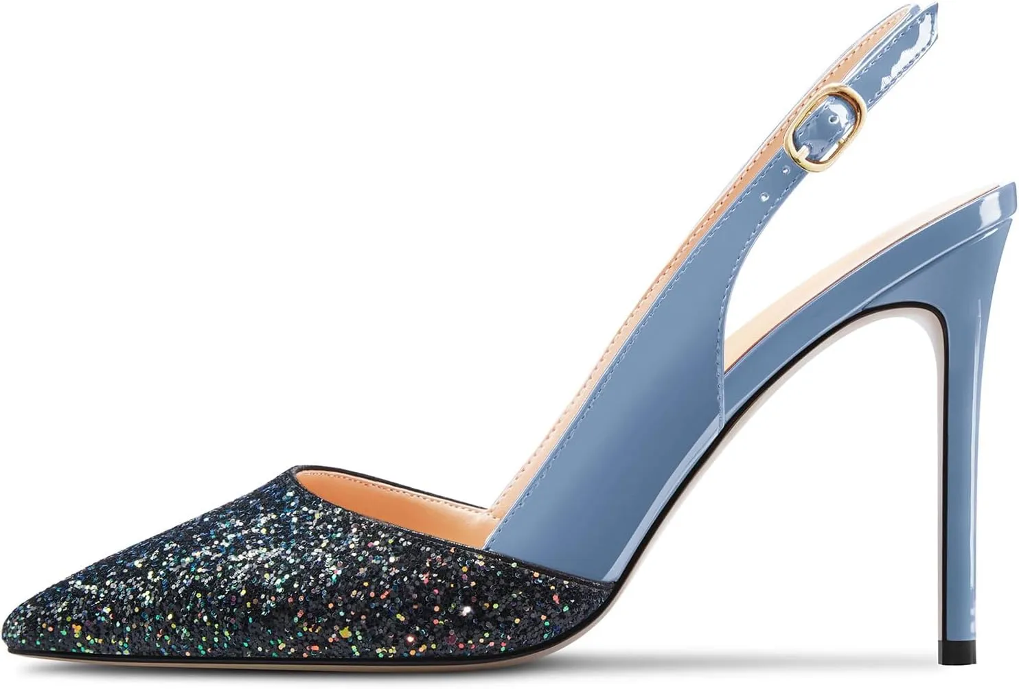 NobleOnly Womens Stiletto High Heel Pointed Toe Slingback Pumps Glitter Patchwork Prom Sexy Dress Shoes 3.9 Inches Heels