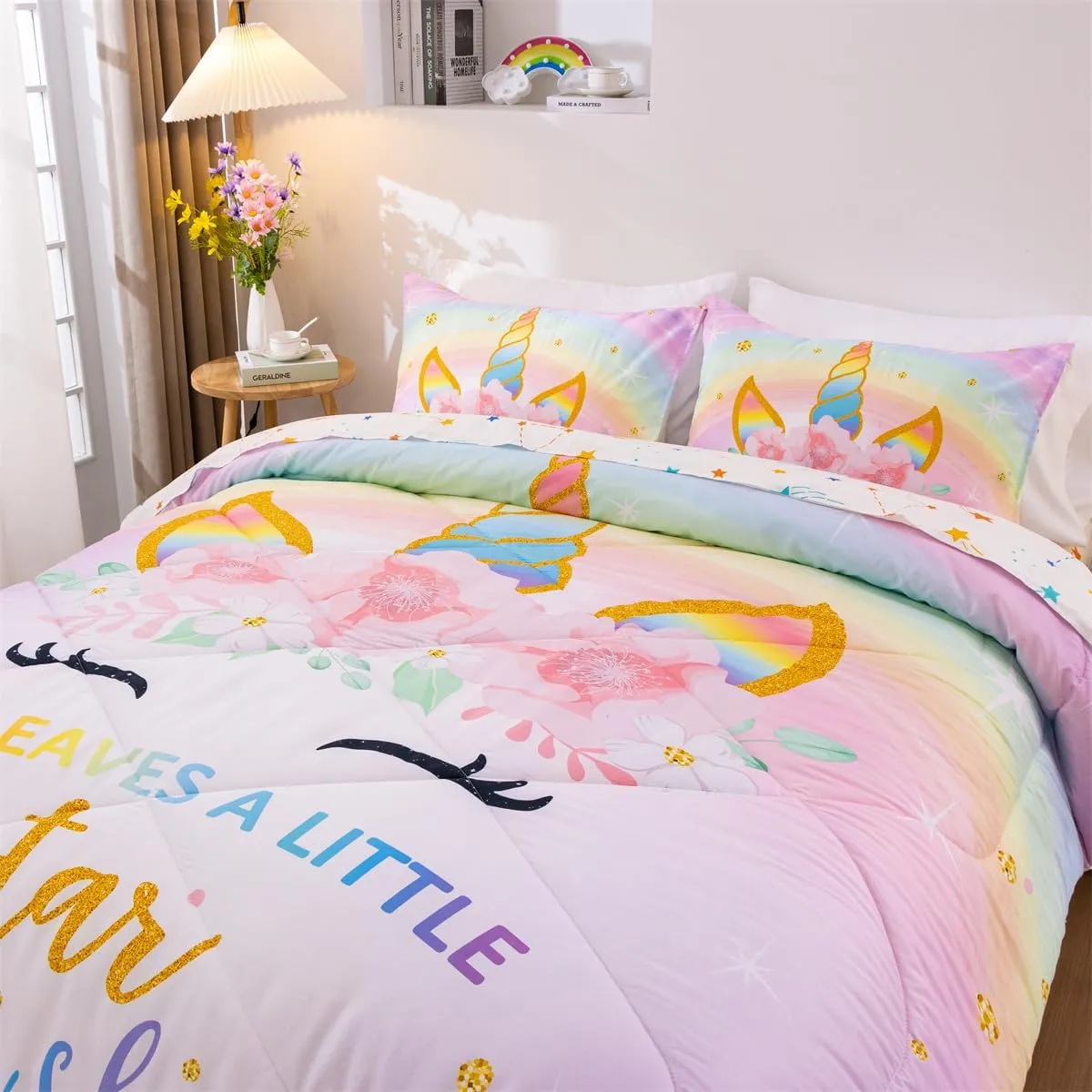 NTBED Unicorn Twin Comforter Set with Sheets,5 Pieces Kids Bedding Sets for Girls, Lightweight Microfiber Star Floral Bed in a Bag, Rainbow