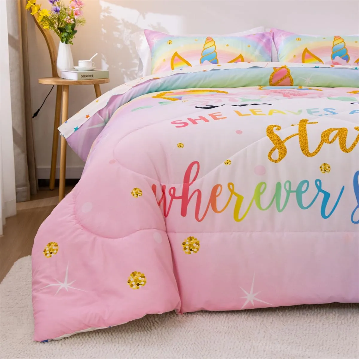 NTBED Unicorn Twin Comforter Set with Sheets,5 Pieces Kids Bedding Sets for Girls, Lightweight Microfiber Star Floral Bed in a Bag, Rainbow
