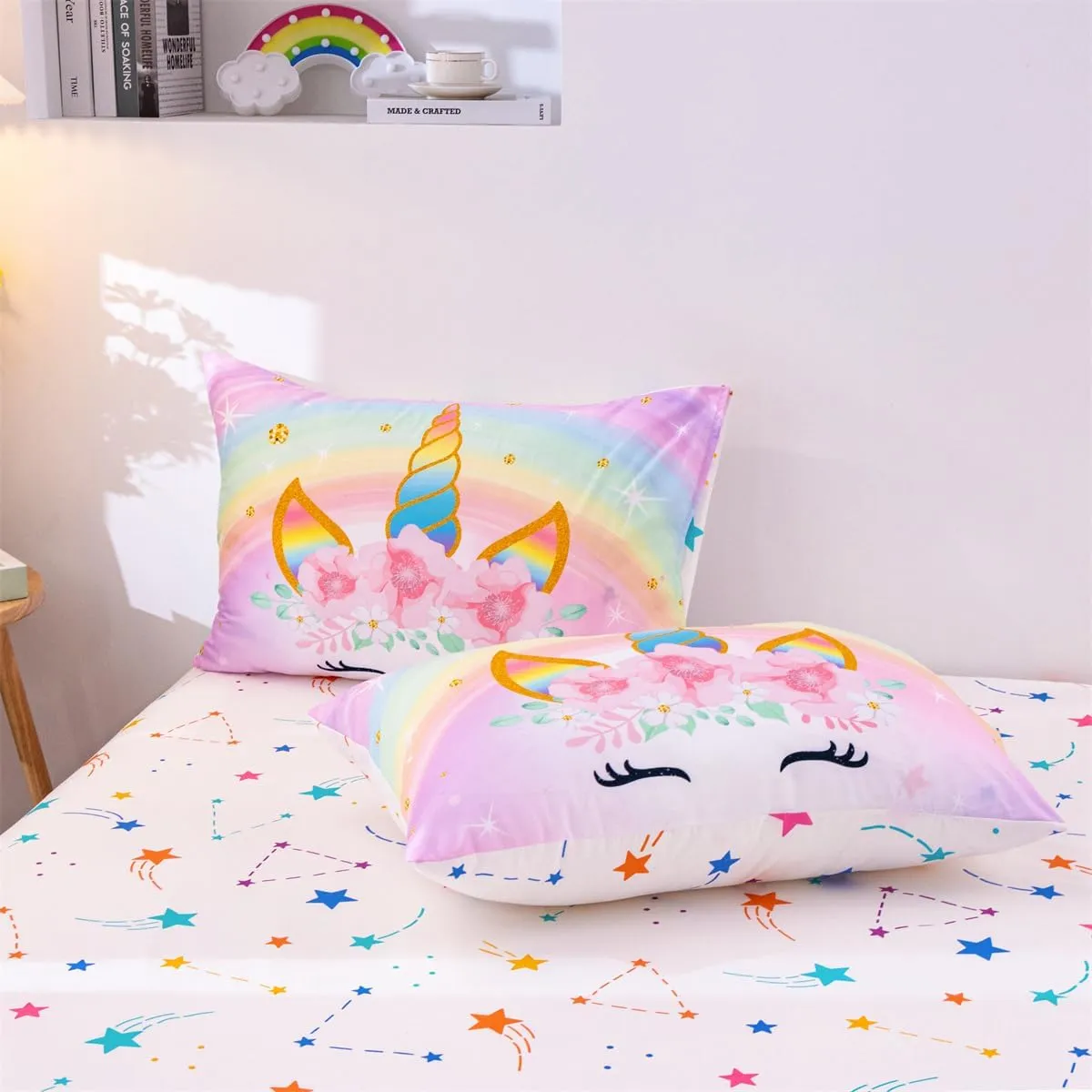 NTBED Unicorn Twin Comforter Set with Sheets,5 Pieces Kids Bedding Sets for Girls, Lightweight Microfiber Star Floral Bed in a Bag, Rainbow