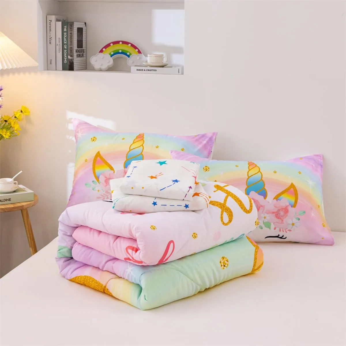 NTBED Unicorn Twin Comforter Set with Sheets,5 Pieces Kids Bedding Sets for Girls, Lightweight Microfiber Star Floral Bed in a Bag, Rainbow