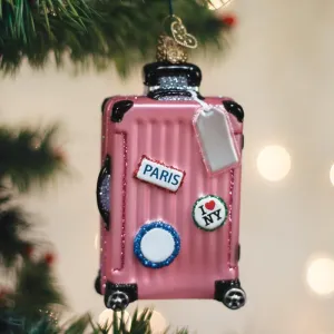 Old World Christmas Pink Rolling Suitcase Glass Hanging Ornament