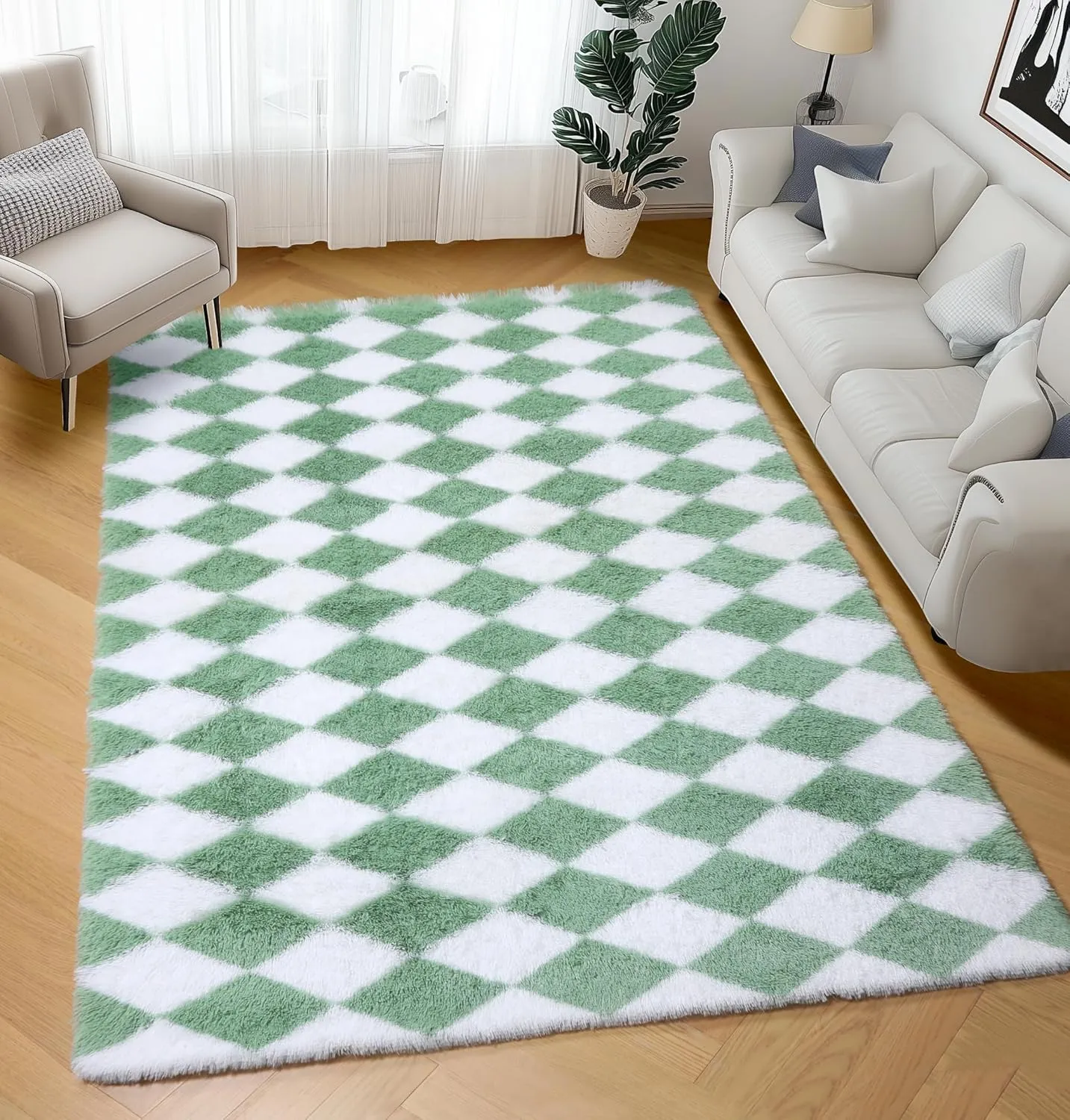 ONASAR Sage Green and White Rugs for Living Room 5x8, Soft Fluffy Modern Large Shaggy Checkered Area Rugs for Bedroom, Shag Furry Plush Fuzzy Floor Carpet for Boys Girls Teen Room Nursery Playroom