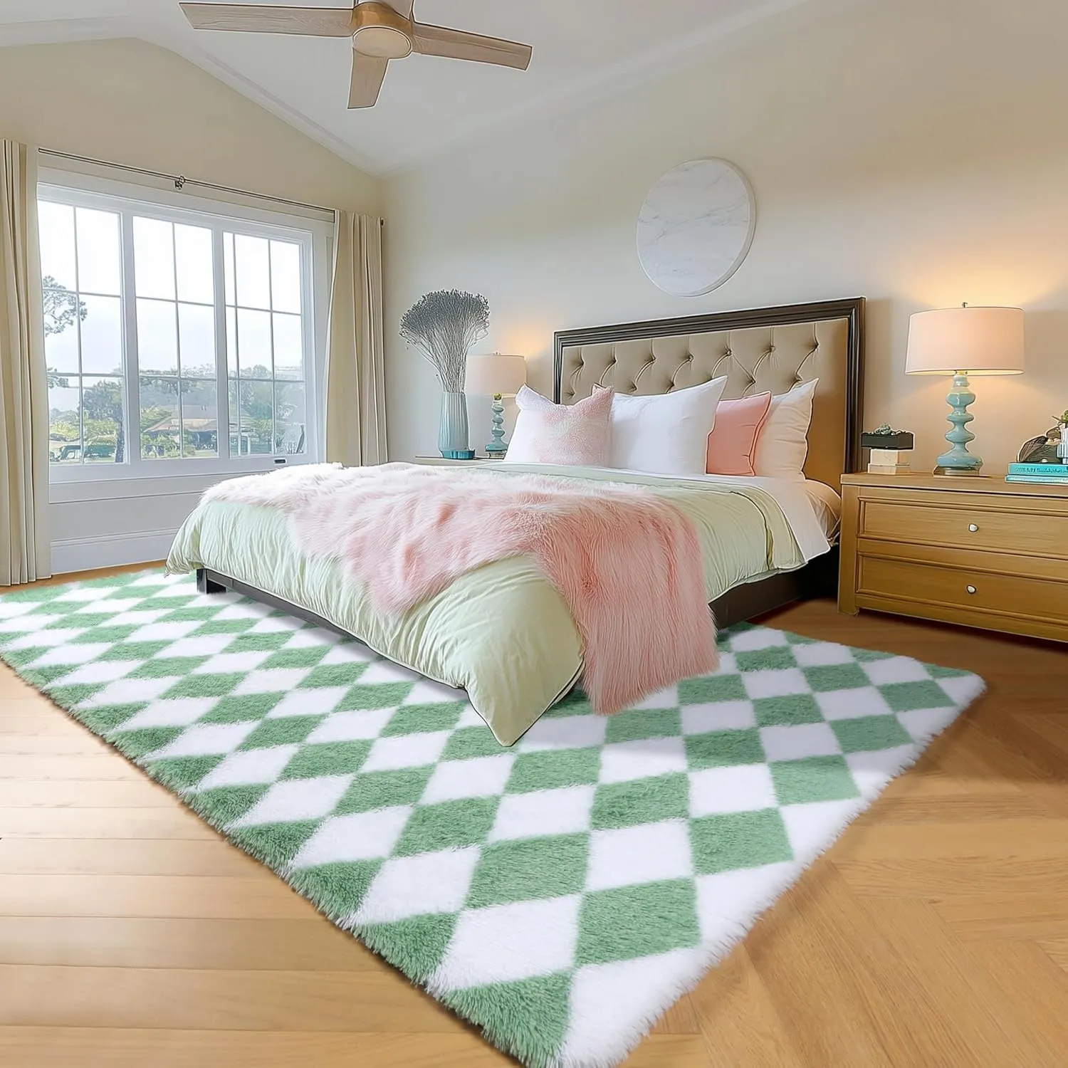 ONASAR Sage Green and White Rugs for Living Room 5x8, Soft Fluffy Modern Large Shaggy Checkered Area Rugs for Bedroom, Shag Furry Plush Fuzzy Floor Carpet for Boys Girls Teen Room Nursery Playroom