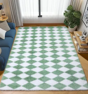ONASAR Sage Green and White Rugs for Living Room 5x8, Soft Fluffy Modern Large Shaggy Checkered Area Rugs for Bedroom, Shag Furry Plush Fuzzy Floor Carpet for Boys Girls Teen Room Nursery Playroom