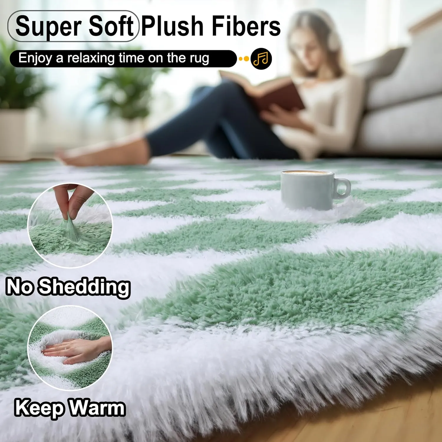 ONASAR Sage Green and White Rugs for Living Room 5x8, Soft Fluffy Modern Large Shaggy Checkered Area Rugs for Bedroom, Shag Furry Plush Fuzzy Floor Carpet for Boys Girls Teen Room Nursery Playroom
