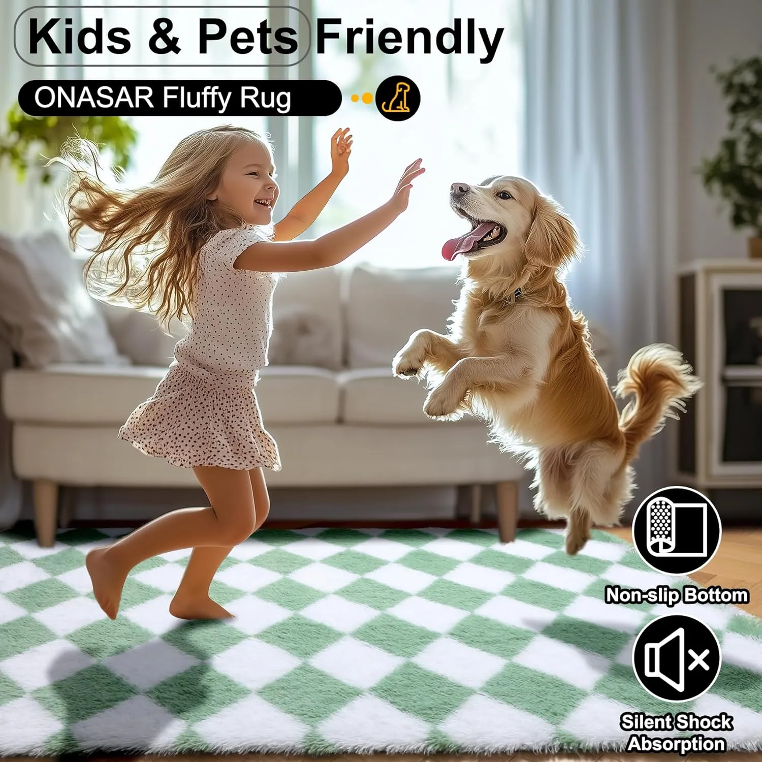 ONASAR Sage Green and White Rugs for Living Room 5x8, Soft Fluffy Modern Large Shaggy Checkered Area Rugs for Bedroom, Shag Furry Plush Fuzzy Floor Carpet for Boys Girls Teen Room Nursery Playroom