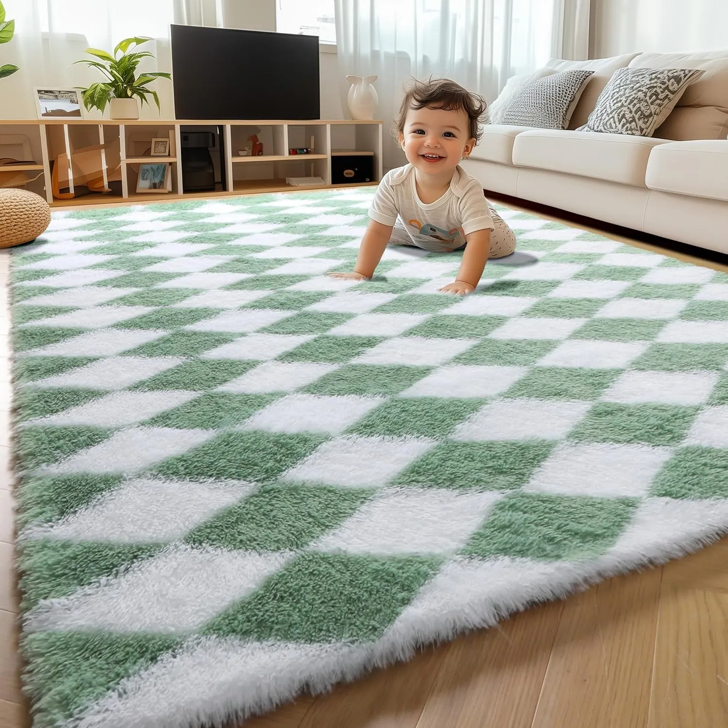 ONASAR Sage Green and White Rugs for Living Room 5x8, Soft Fluffy Modern Large Shaggy Checkered Area Rugs for Bedroom, Shag Furry Plush Fuzzy Floor Carpet for Boys Girls Teen Room Nursery Playroom