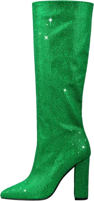 onlymaker Knee High Rhinestone Boots Chunky Heels Pull-on Point Toe Glitter Sequins Booty