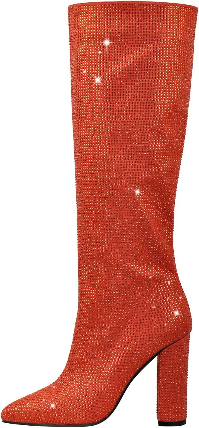 onlymaker Knee High Rhinestone Boots Chunky Heels Pull-on Point Toe Glitter Sequins Booty