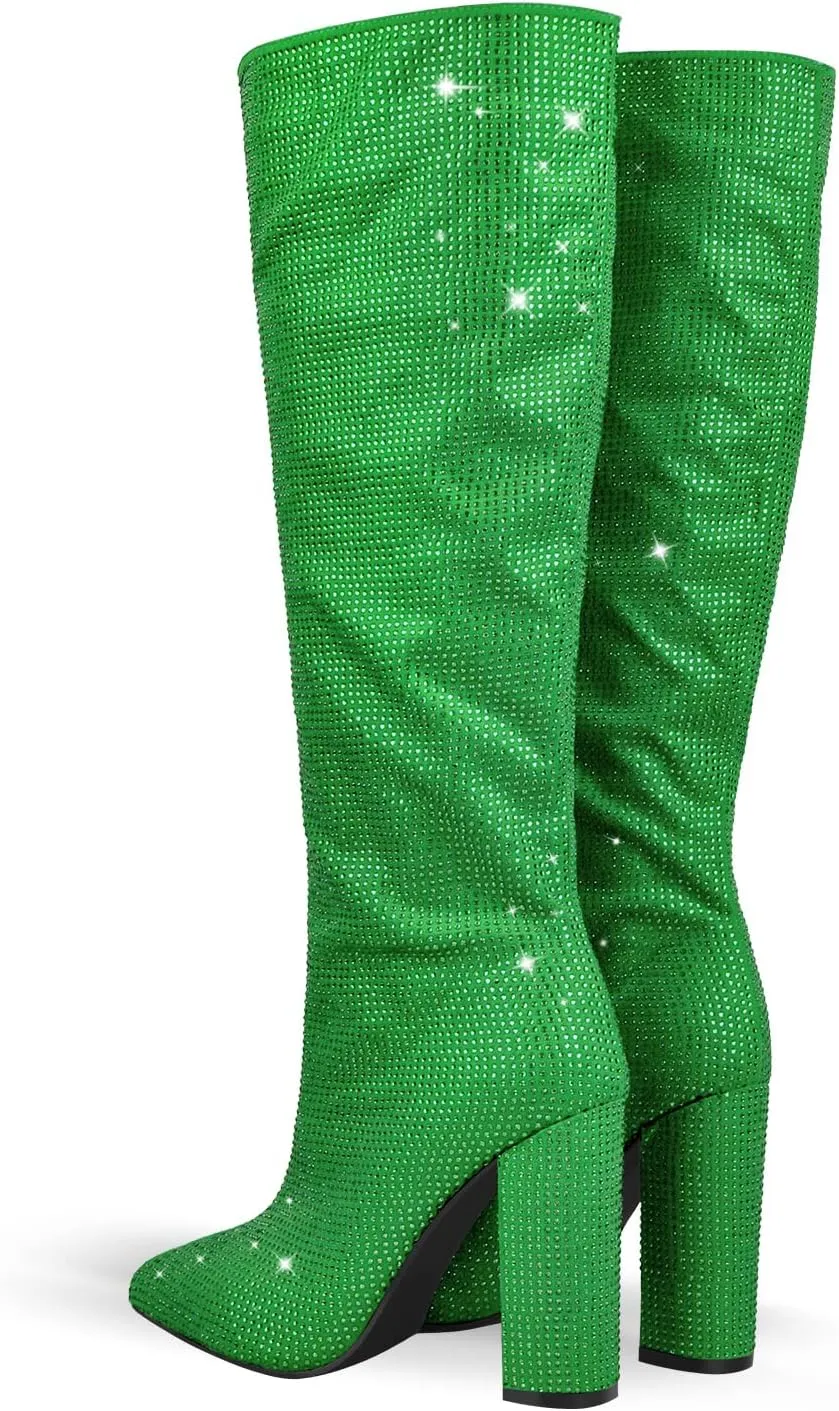 onlymaker Knee High Rhinestone Boots Chunky Heels Pull-on Point Toe Glitter Sequins Booty