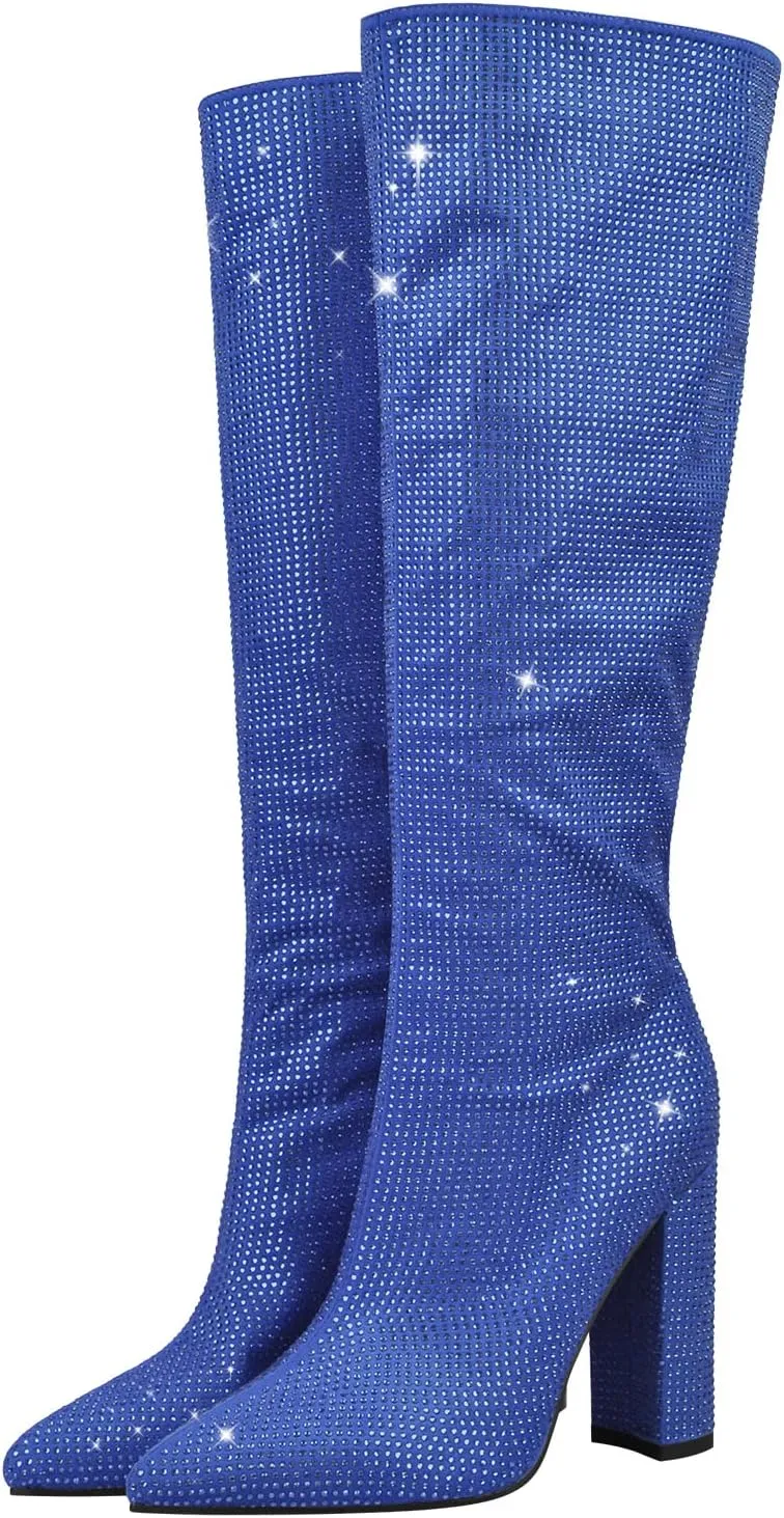 onlymaker Knee High Rhinestone Boots Chunky Heels Pull-on Point Toe Glitter Sequins Booty