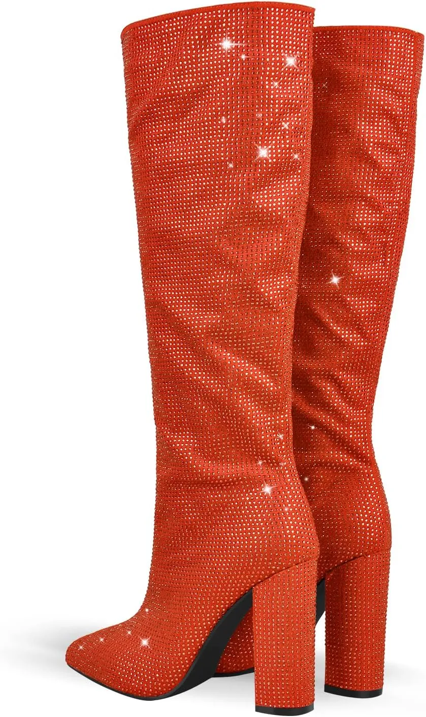 onlymaker Knee High Rhinestone Boots Chunky Heels Pull-on Point Toe Glitter Sequins Booty