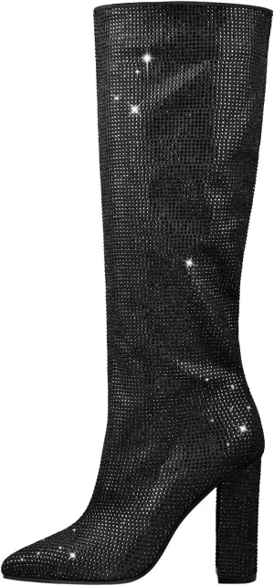 onlymaker Knee High Rhinestone Boots Chunky Heels Pull-on Point Toe Glitter Sequins Booty