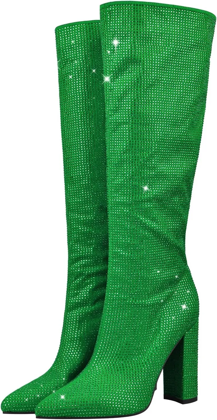 onlymaker Knee High Rhinestone Boots Chunky Heels Pull-on Point Toe Glitter Sequins Booty
