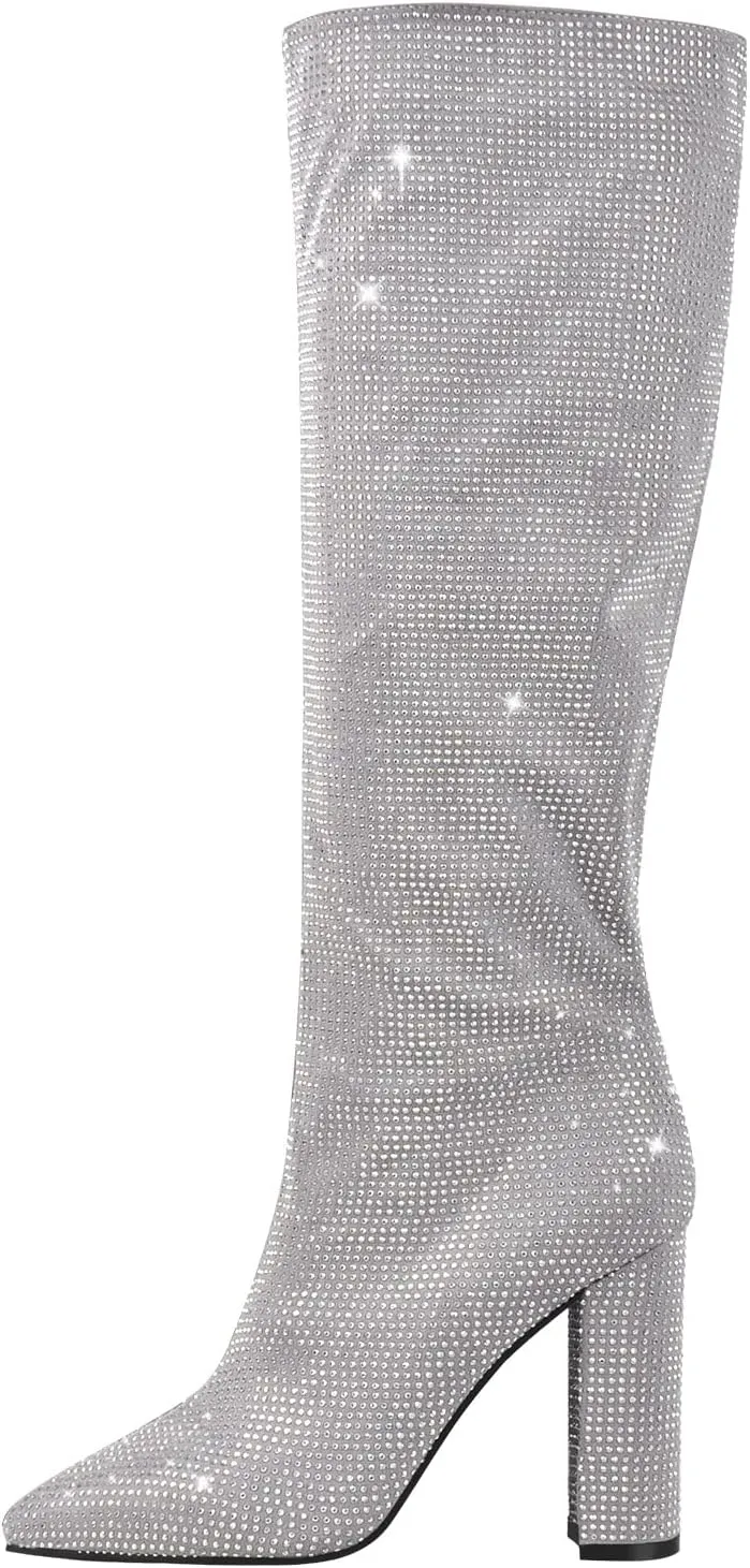 onlymaker Knee High Rhinestone Boots Chunky Heels Pull-on Point Toe Glitter Sequins Booty
