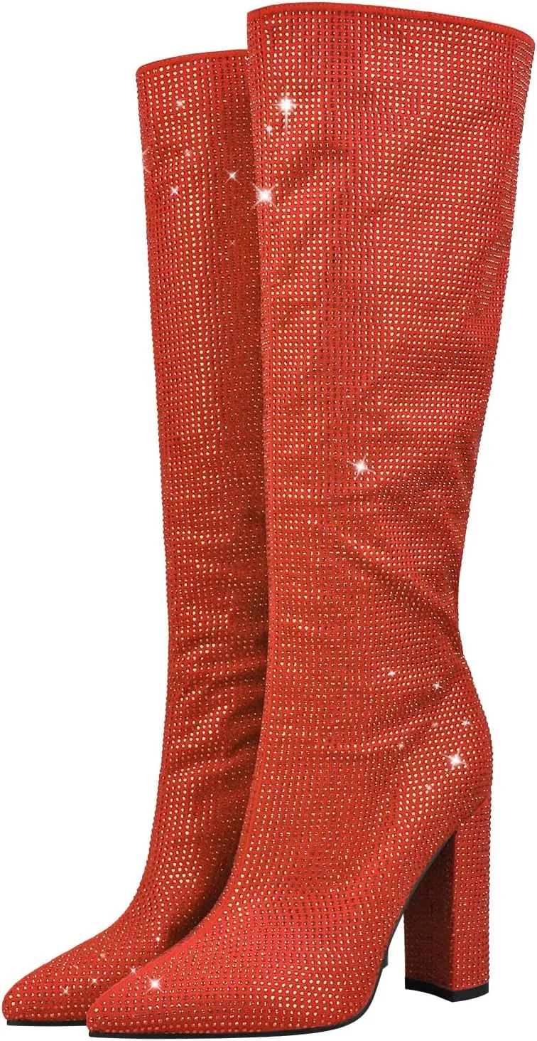 onlymaker Knee High Rhinestone Boots Chunky Heels Pull-on Point Toe Glitter Sequins Booty