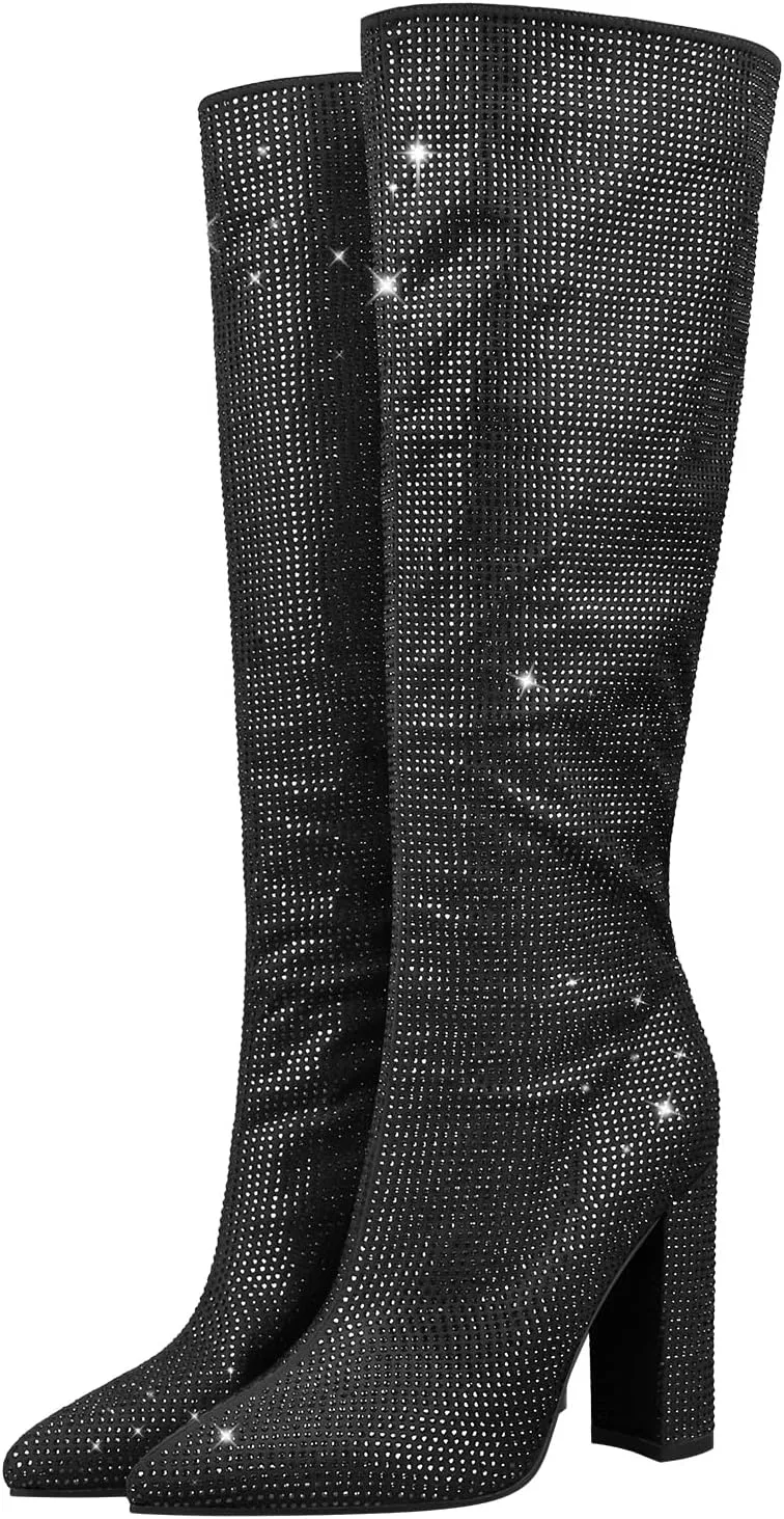 onlymaker Knee High Rhinestone Boots Chunky Heels Pull-on Point Toe Glitter Sequins Booty
