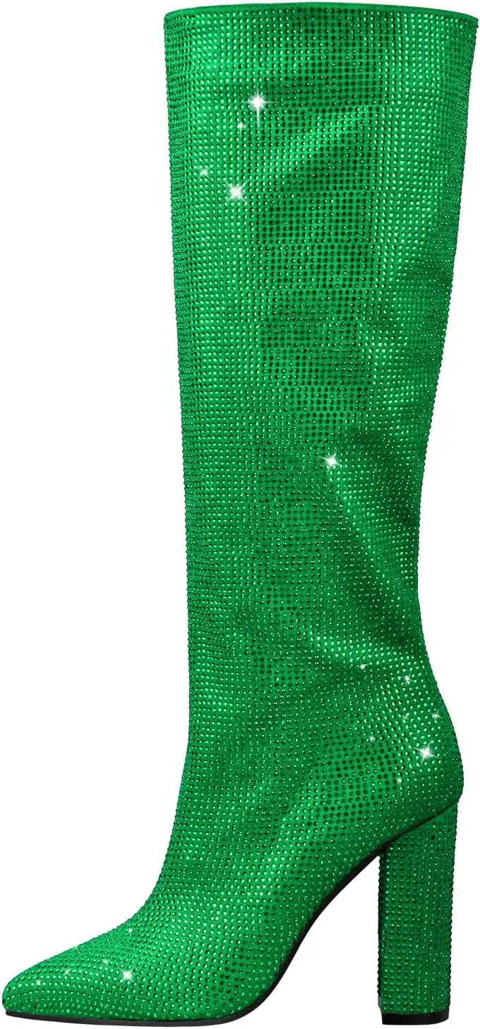 onlymaker Knee High Rhinestone Boots Chunky Heels Pull-on Point Toe Glitter Sequins Booty