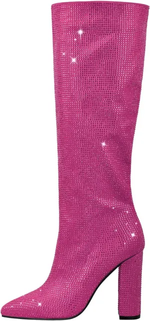 onlymaker Knee High Rhinestone Boots Chunky Heels Pull-on Point Toe Glitter Sequins Booty