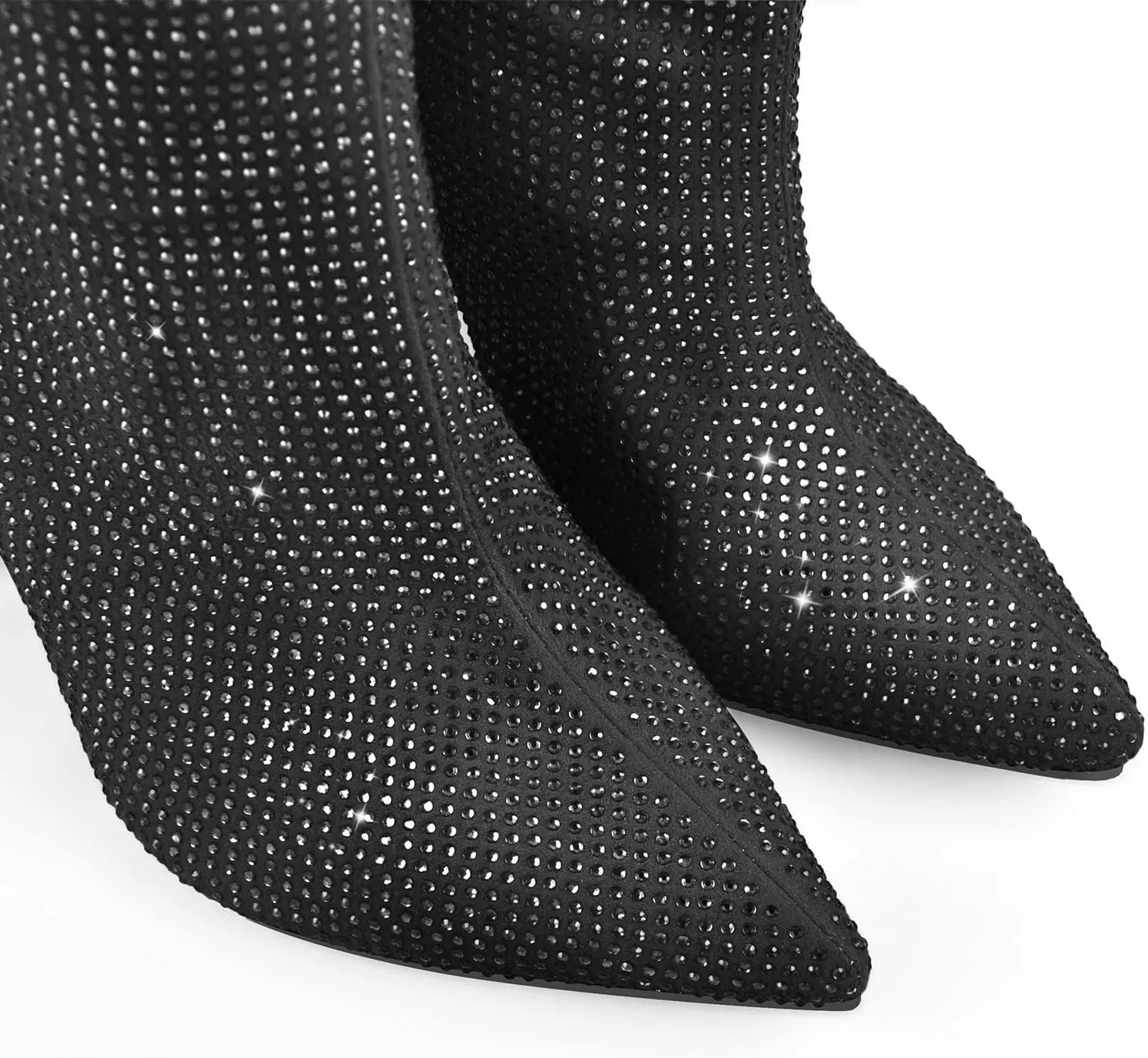 onlymaker Knee High Rhinestone Boots Chunky Heels Pull-on Point Toe Glitter Sequins Booty