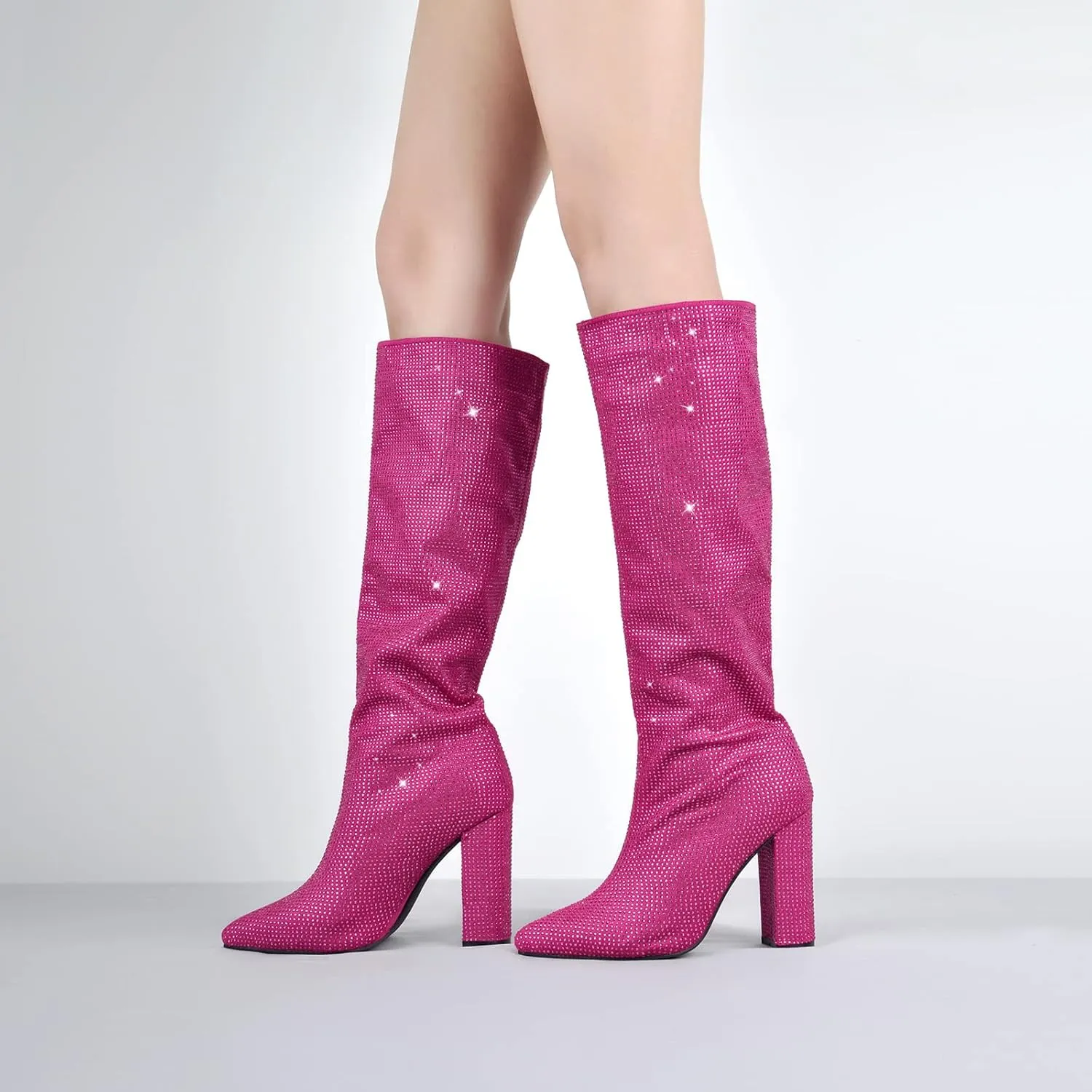onlymaker Knee High Rhinestone Boots Chunky Heels Pull-on Point Toe Glitter Sequins Booty