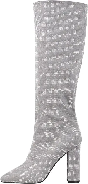 onlymaker Knee High Rhinestone Boots Chunky Heels Pull-on Point Toe Glitter Sequins Booty