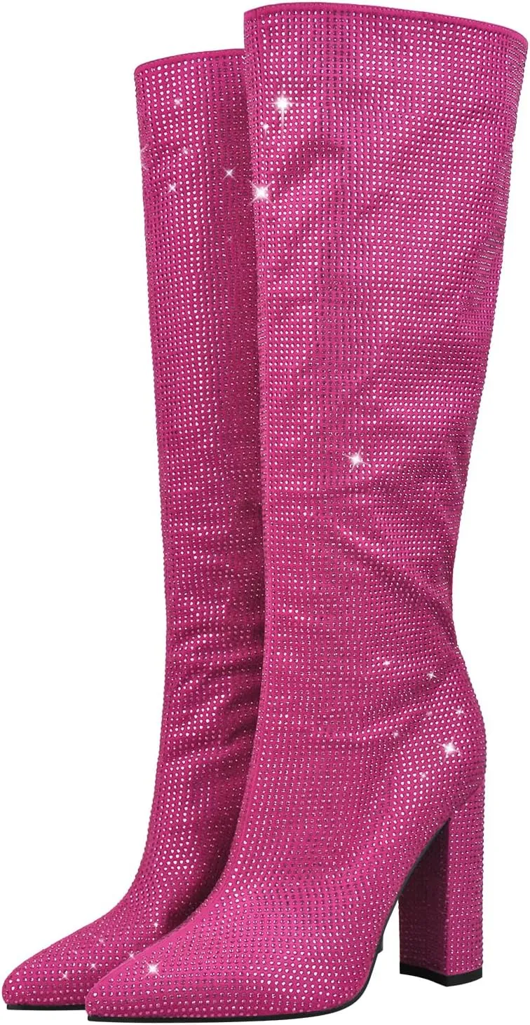 onlymaker Knee High Rhinestone Boots Chunky Heels Pull-on Point Toe Glitter Sequins Booty