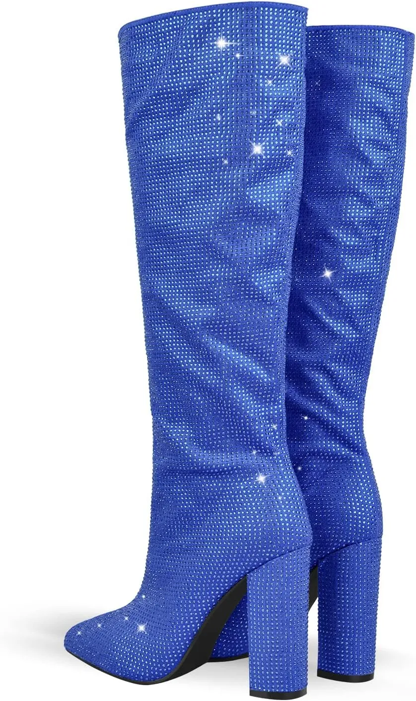 onlymaker Knee High Rhinestone Boots Chunky Heels Pull-on Point Toe Glitter Sequins Booty