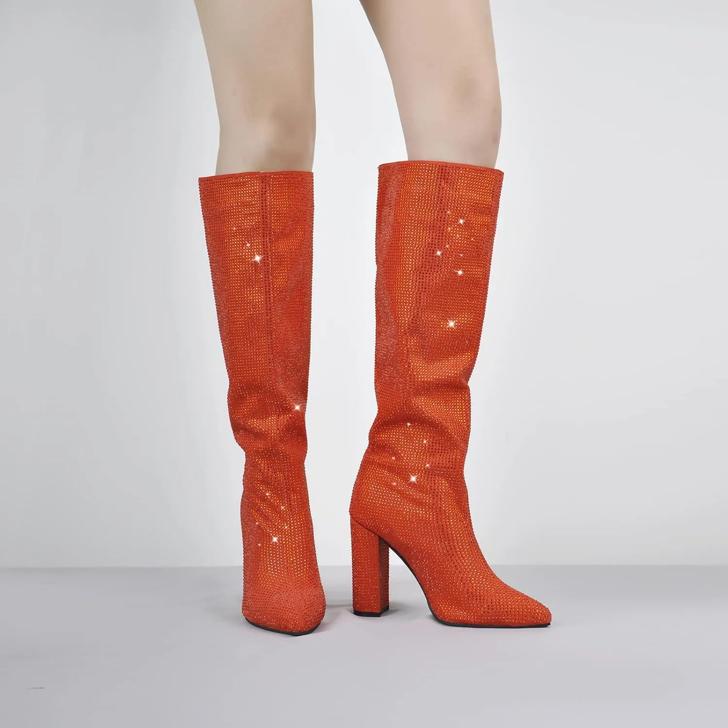 onlymaker Knee High Rhinestone Boots Chunky Heels Pull-on Point Toe Glitter Sequins Booty