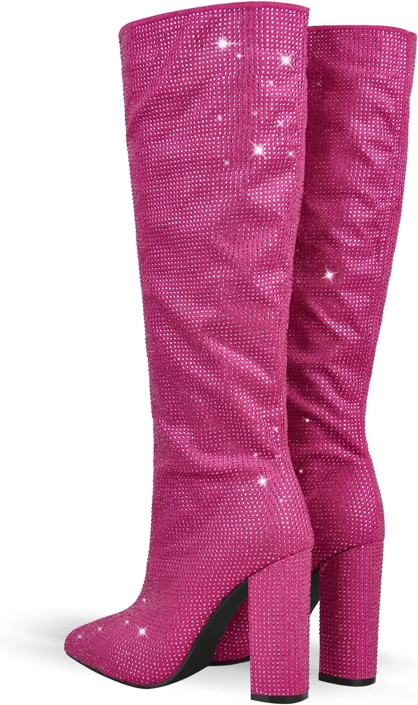 onlymaker Knee High Rhinestone Boots Chunky Heels Pull-on Point Toe Glitter Sequins Booty