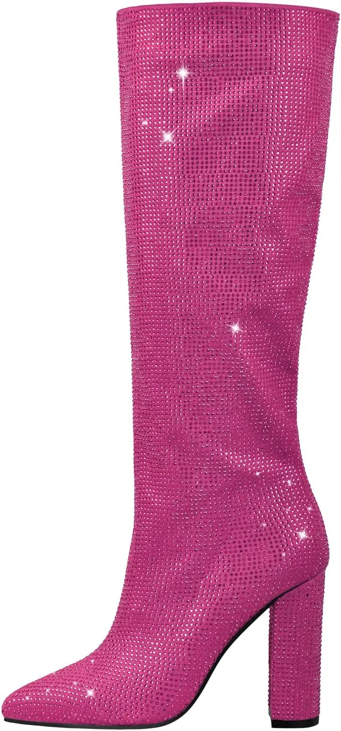 onlymaker Knee High Rhinestone Boots Chunky Heels Pull-on Point Toe Glitter Sequins Booty