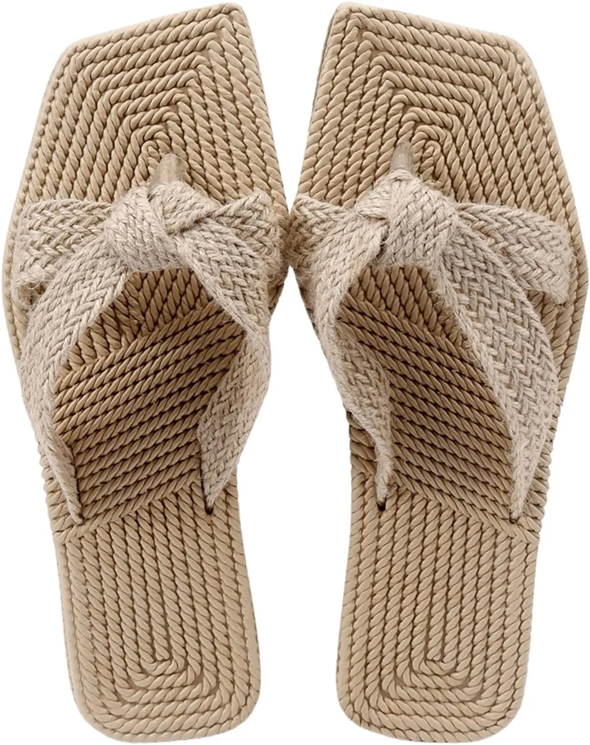 OYOANGLE Women's Crisscross Square Toe Thong Sandals Flat Slip On Braided Boho Beach Flip Flops